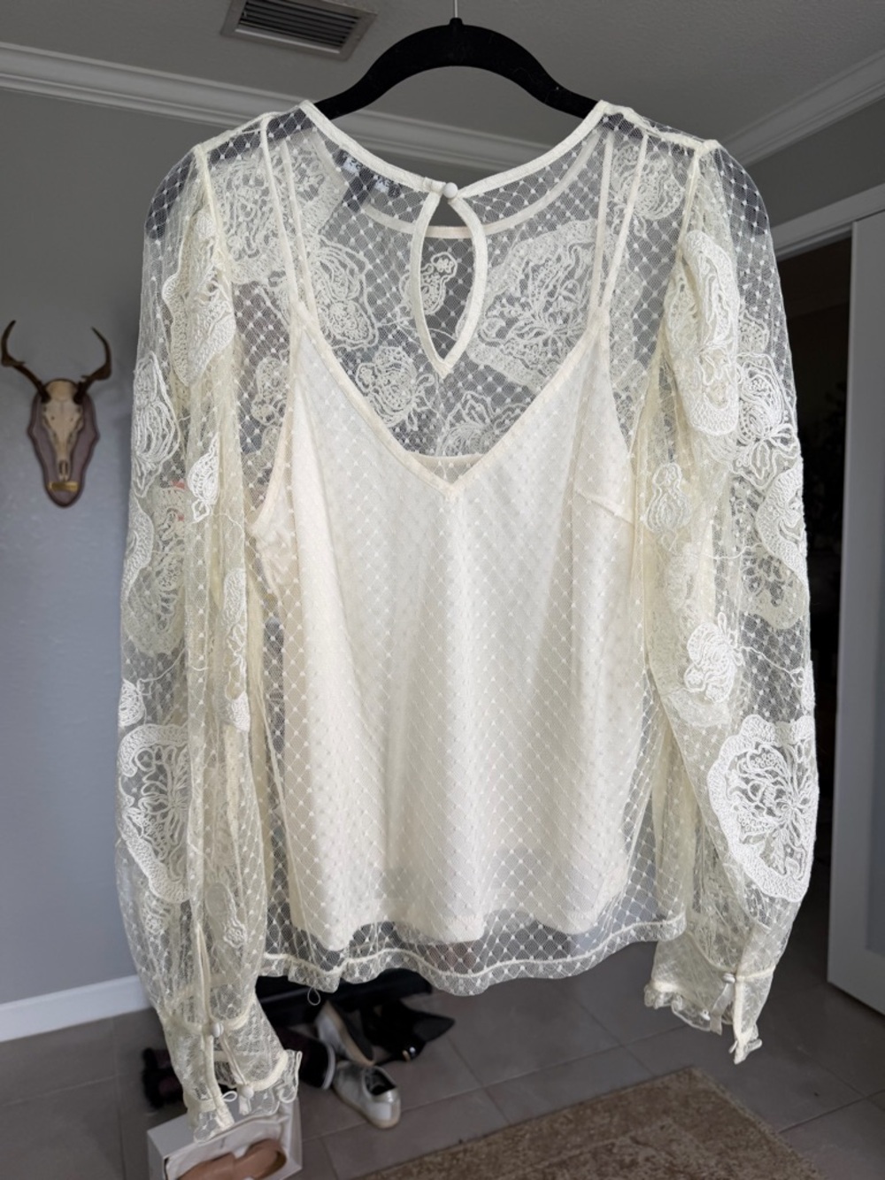 Express Ivory Sheer Lace Long-Sleeve Blouse - Picture 3 of 5